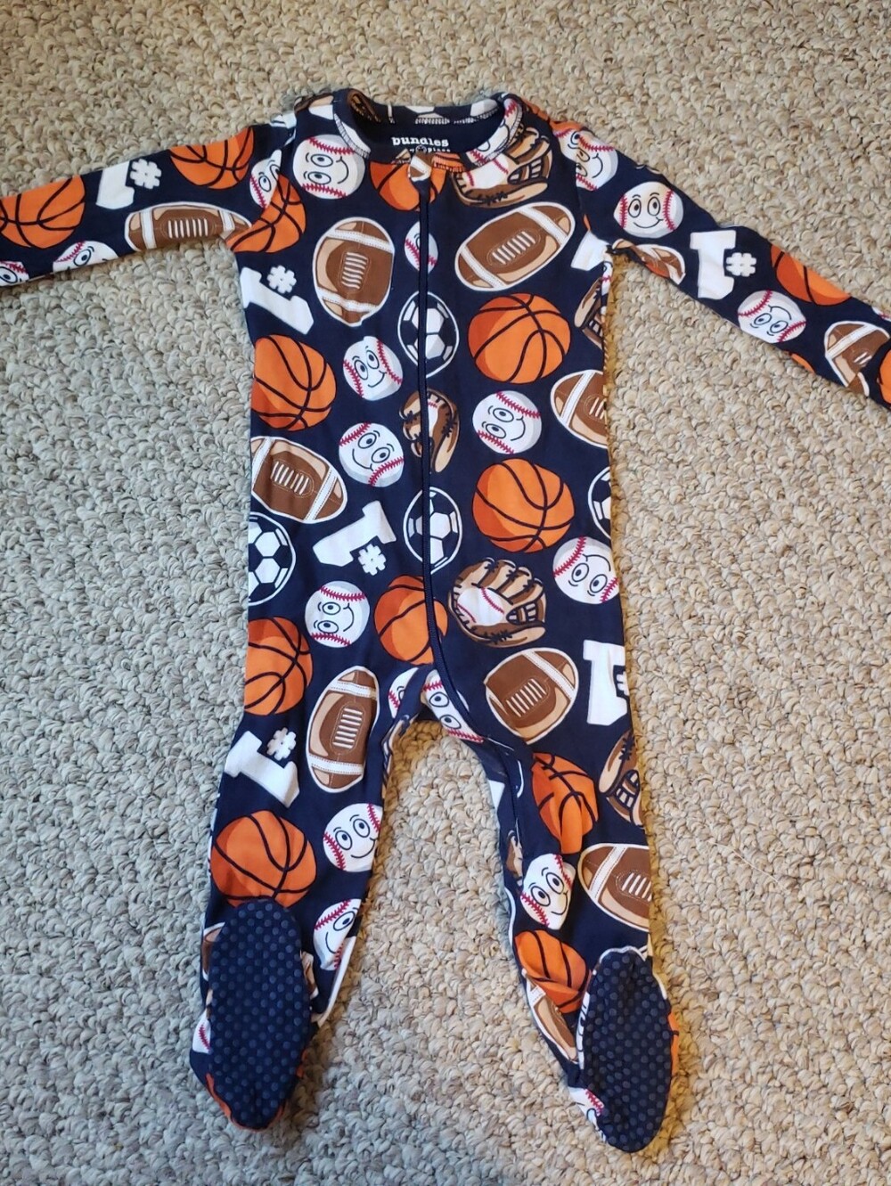 Bundles Baby Place Navy Sports Print Zip-Front Footed One-Piece 6/9M